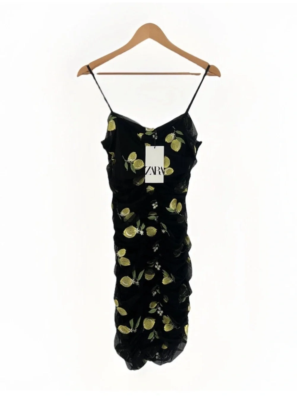 NWT ZARA Black Embroidered Lemon Fruit  Tulle Draped BodyCon Mini Dress Small